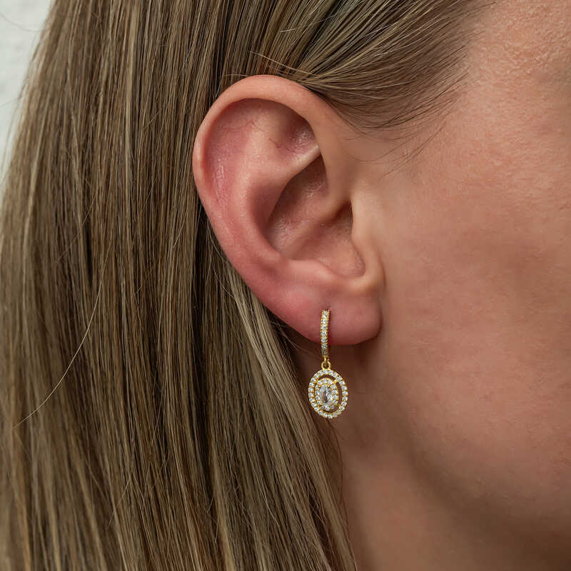 Boucles d'oreilles pendantes en argent plaqué or avec pierre ovale