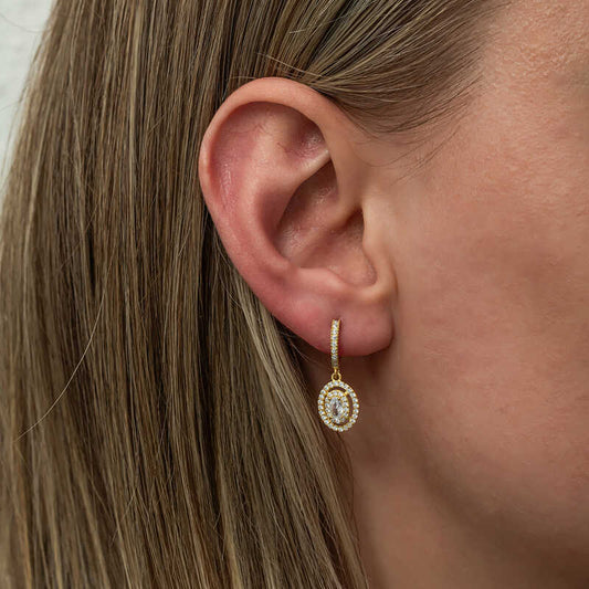 Gold Plated Oval Stone Dangle Silver Earrings
