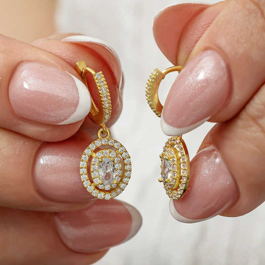 Boucles d'oreilles pendantes en argent plaqué or avec pierre ovale