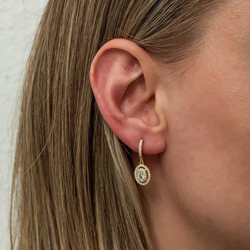 Boucles d'oreilles pendantes en argent plaqué or avec pierre ovale