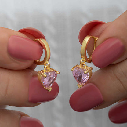 Gold Plated Pink Stone Heart Women's Silver Earrings