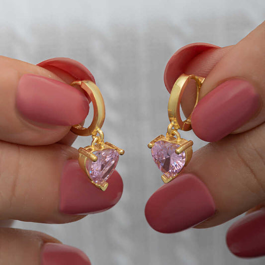 Gold Plated Pink Stone Heart Women's Silver Earrings