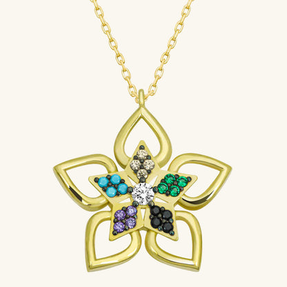 Vergoldete bunte Steinblume Damen Silber Halskette