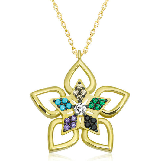 Gold Plated Colorful Stone Flower Women's Silver Necklace