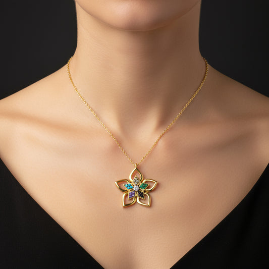 Vergoldete bunte Steinblume Damen Silber Halskette