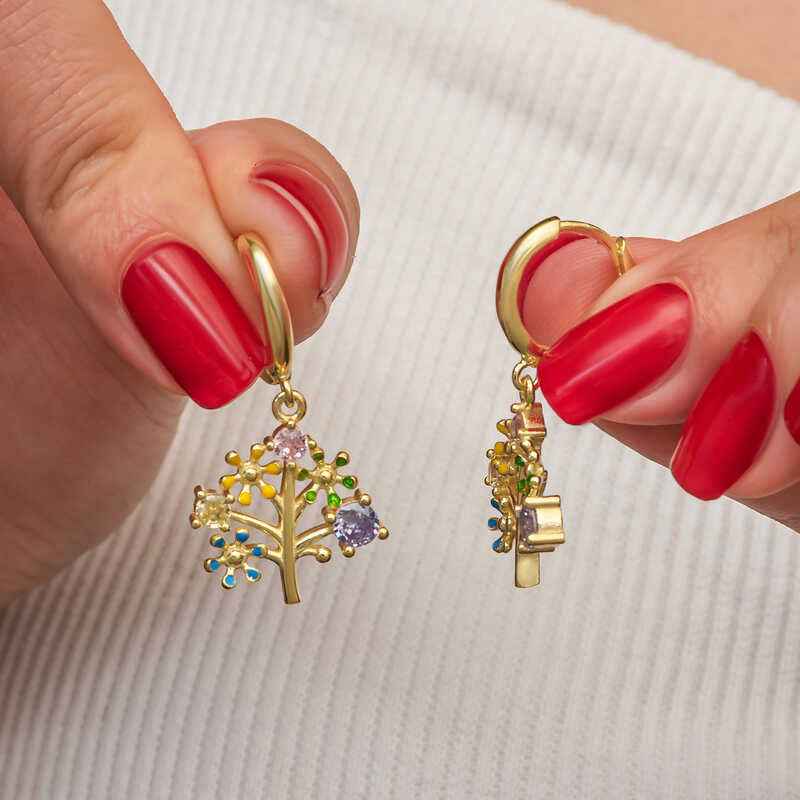 Gold Plated Stone Tree of Life Women's Silver Earrings
