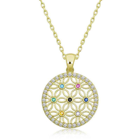 Gold Plated Stone Flower of Life Women's Silver Necklace