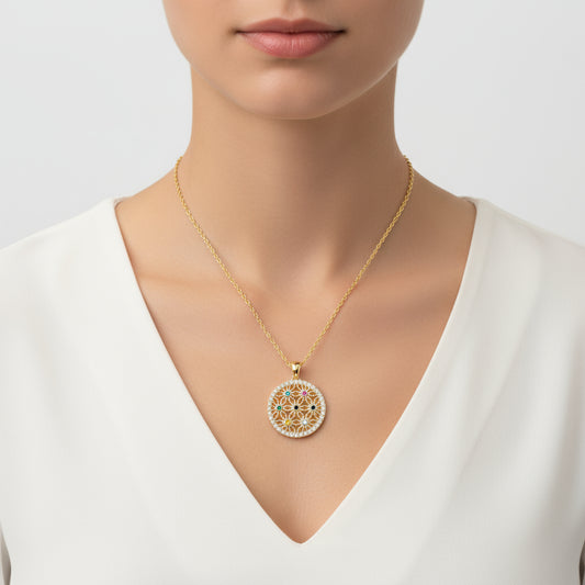 Gold Plated Stone Flower of Life Women's Silver Necklace