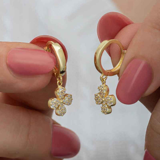 Gold Plated Dangling Clover Women's Silver Earrings