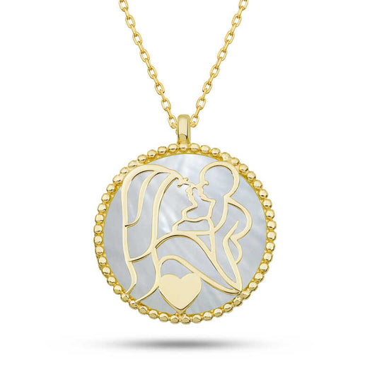 Gold Plated Mother Child Love Pearl Stone Silver Necklace