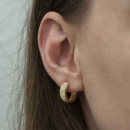 Gold Plated Row Stone Silver Hoop Earrings