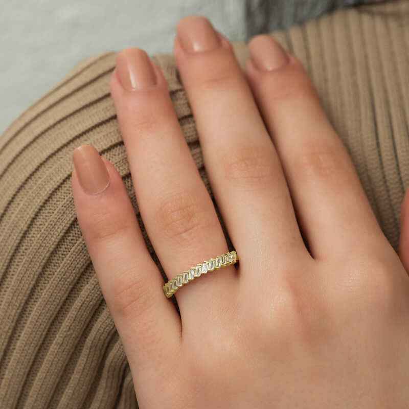 Gold Plated Row Baguette Stone Women's Silver Ring