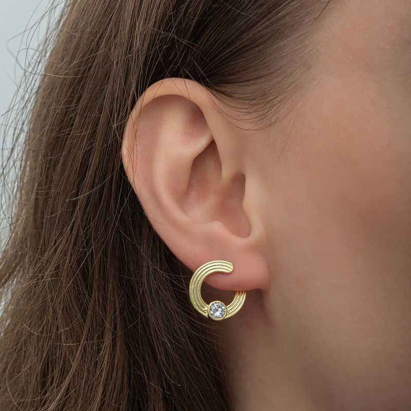 Gold Plated Single Stone Stud Women's Silver Earring