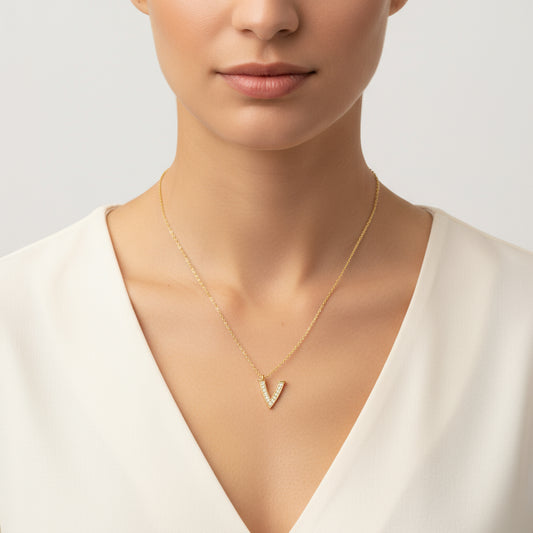 Gold Plated V Letter Women's Silver Necklace