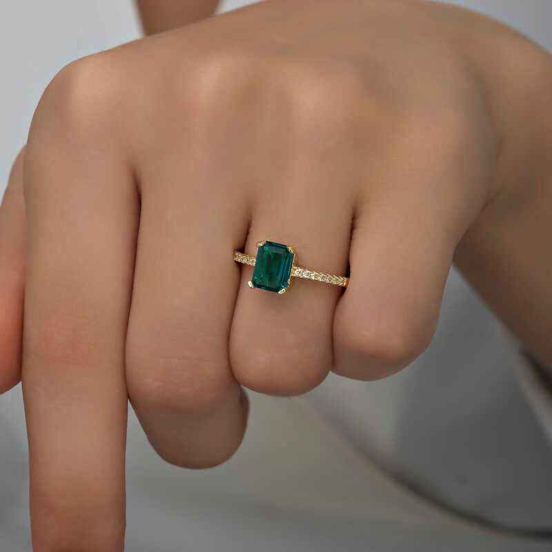 Green Baguette Stone Gold Plated Women's Silver Ring