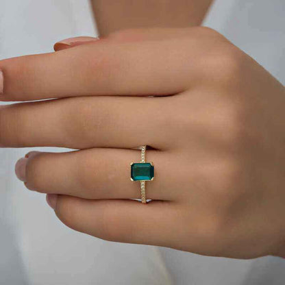 Green Baguette Stone Gold Plated Women's Silver Ring