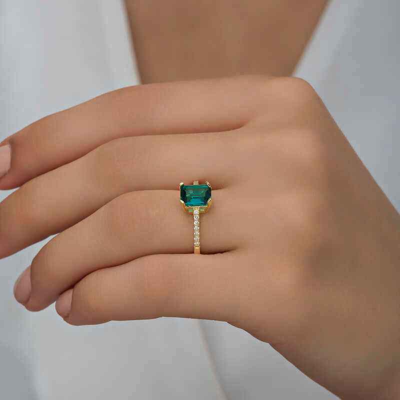 Green Baguette Stone Gold Plated Women's Silver Ring