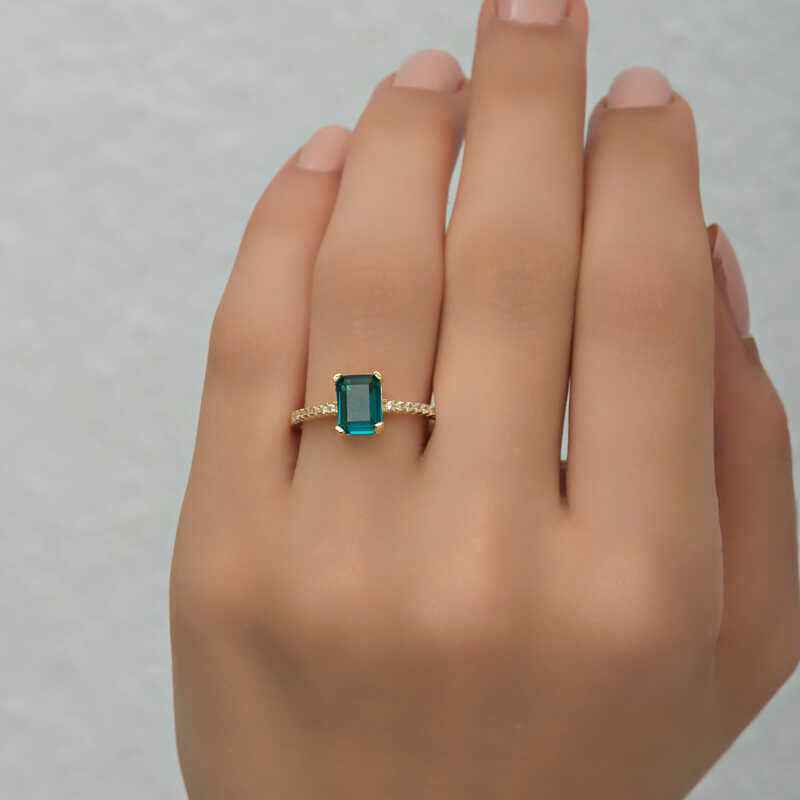 Green Baguette Stone Gold Plated Women's Silver Ring