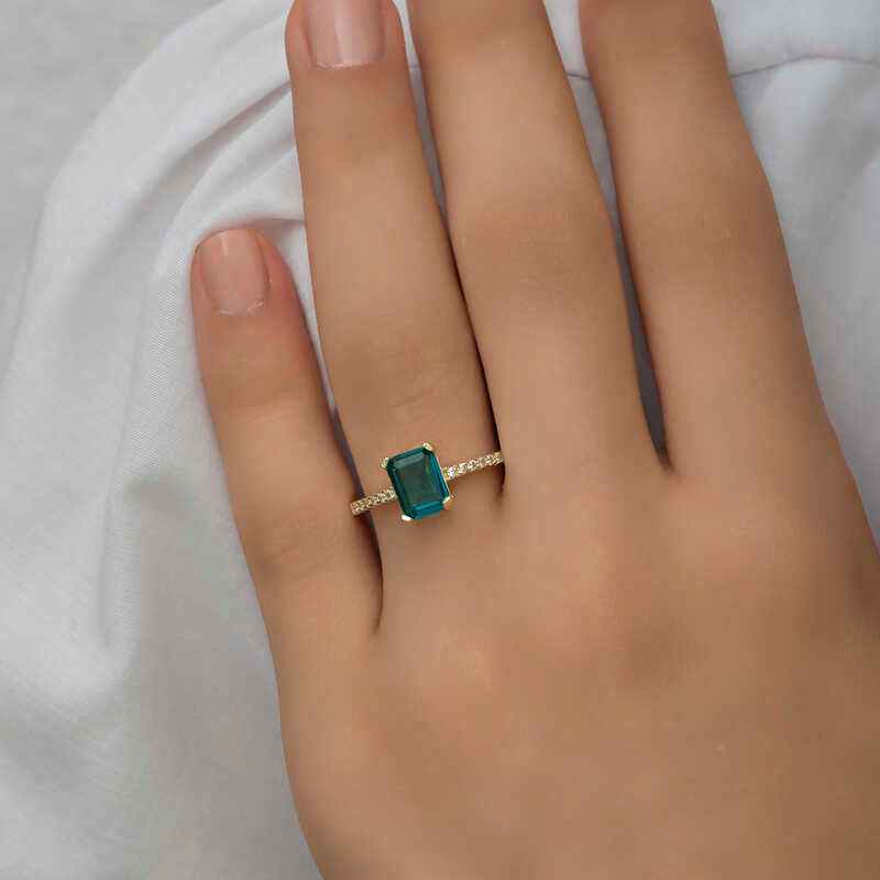 Green Baguette Stone Gold Plated Women's Silver Ring