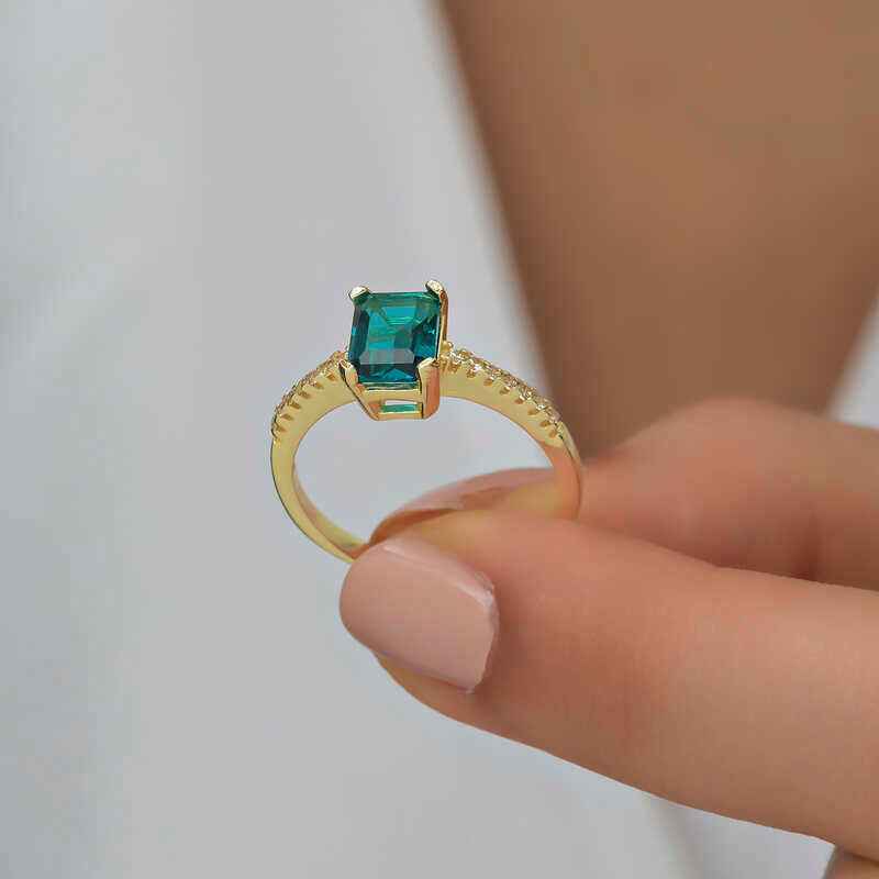 Green Baguette Stone Gold Plated Women's Silver Ring