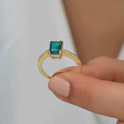 Green Baguette Stone Gold Plated Women's Silver Ring