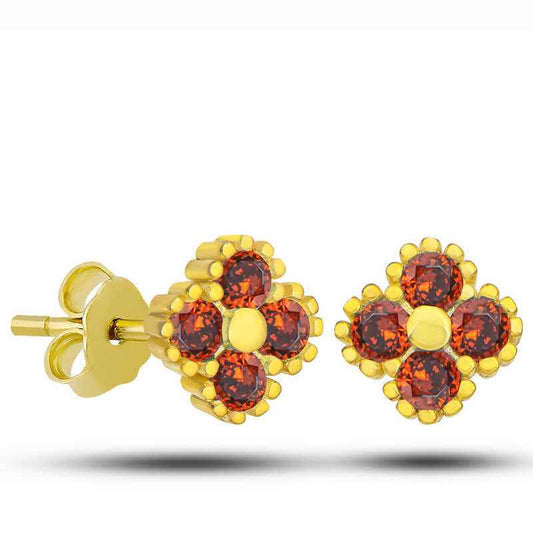 Gold Plated Clover Stud Red Stone Children's Silver Earrings