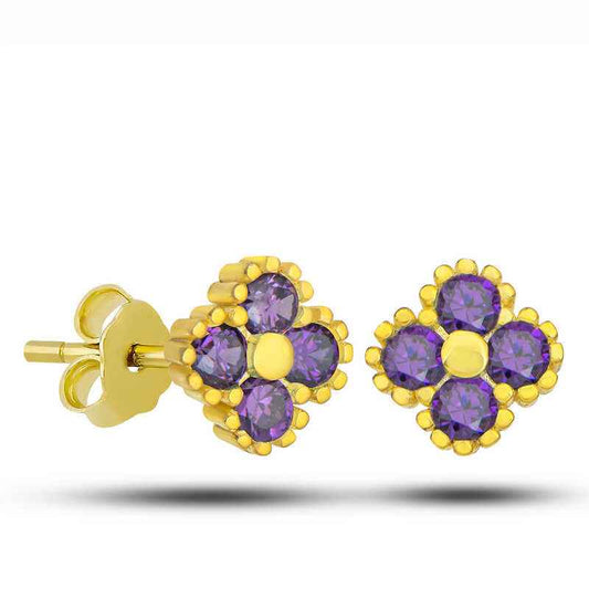Gold Plated Clover Stud Purple Stone Children's Silver Earrings