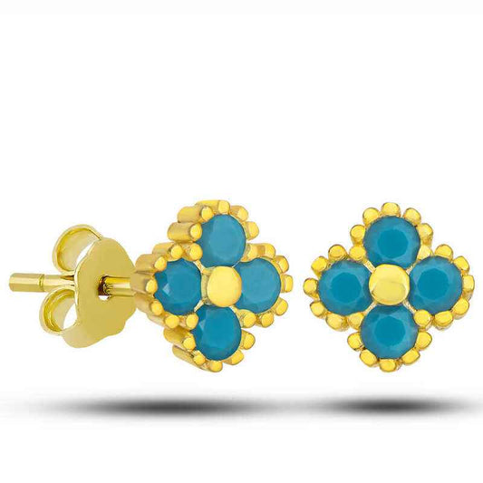 Gold Plated Clover Stud Turquoise Stone Children's Silver Earrings