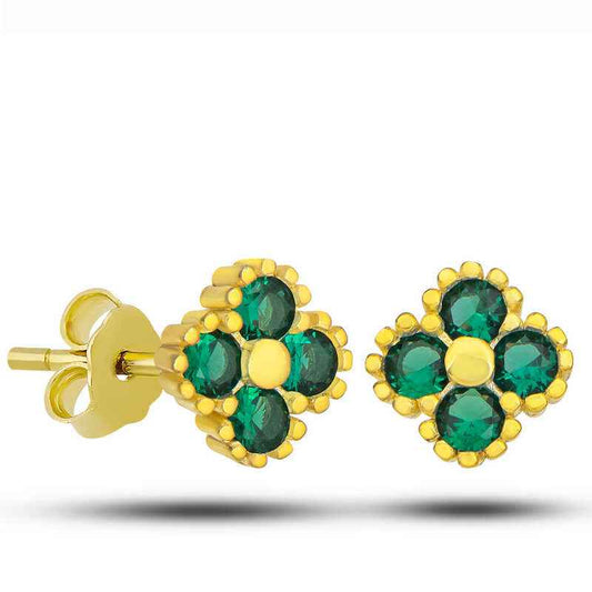 Gold Plated Clover Stud Green Stone Children's Silver Earrings