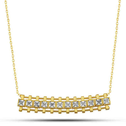 Gold Plated Zircon Stone Square Bar Women's Silver Necklace