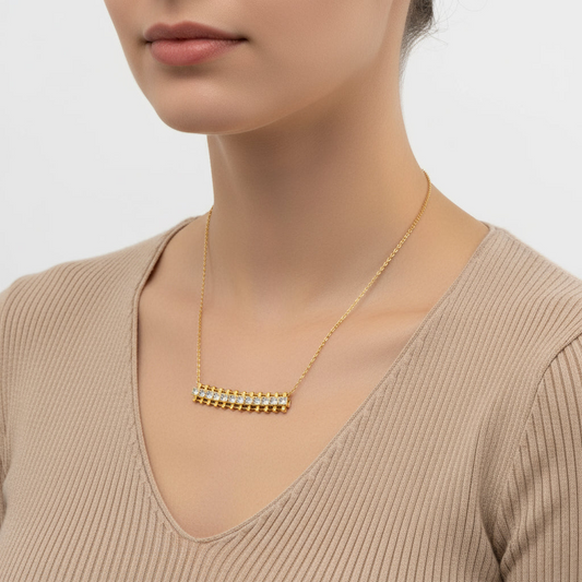 Gold Plated Zircon Stone Square Bar Women's Silver Necklace