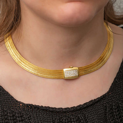 Gold Plated Zirkon Stone Mesh Women's Silver Necklace