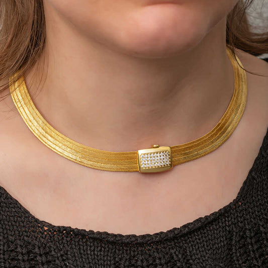Gold Plated Zirkon Stone Mesh Women's Silver Necklace