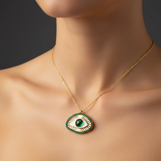 Gold Plated Emerald Eye Protection Women's Silver Necklace