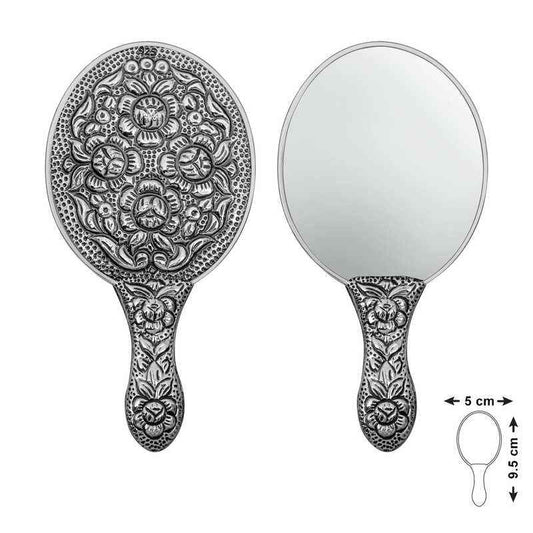 Rose Motif Hand Mirror Silver