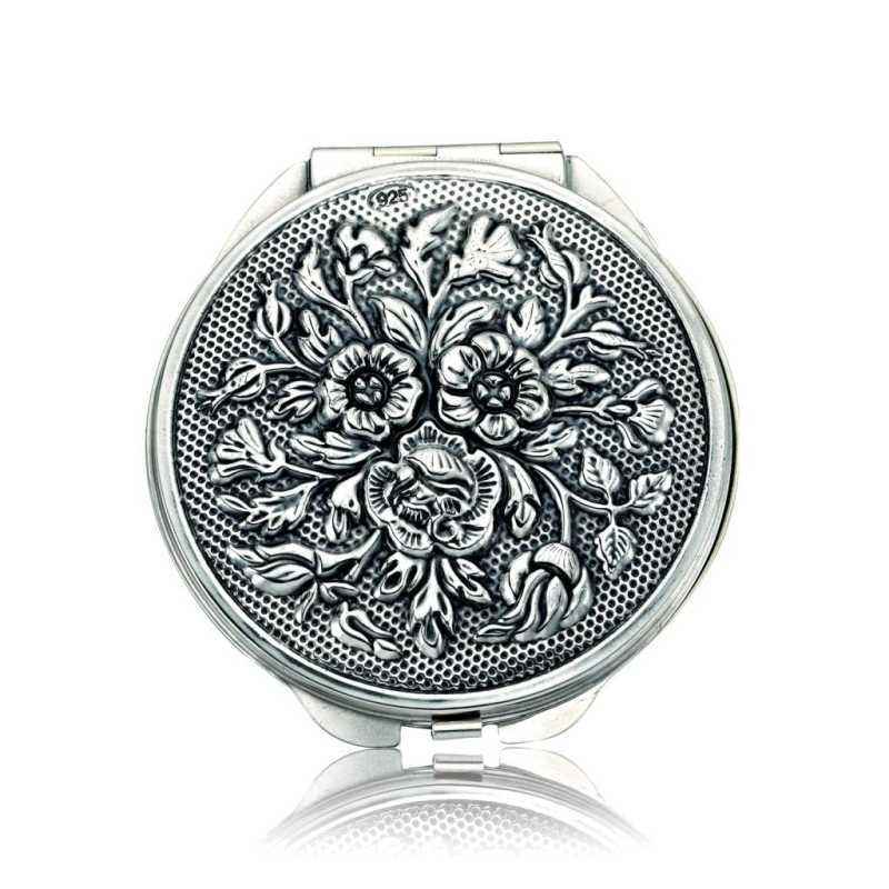 Rose Motif Silver Round Hand Mirror