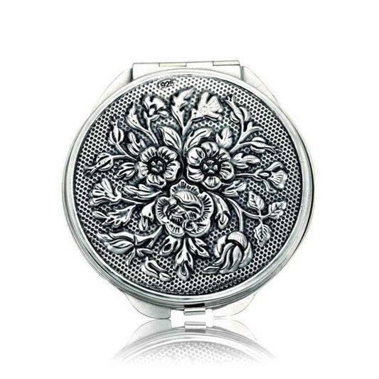 Rose Motif Silver Round Hand Mirror