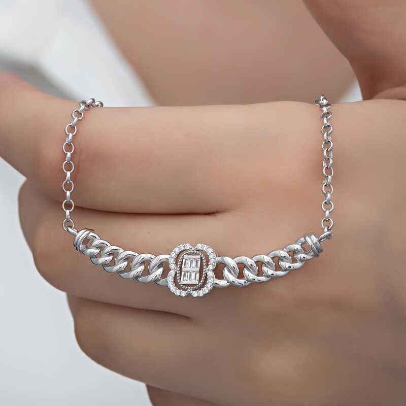 Gourmet Chain Baguette Stone Women's Silver Pendant