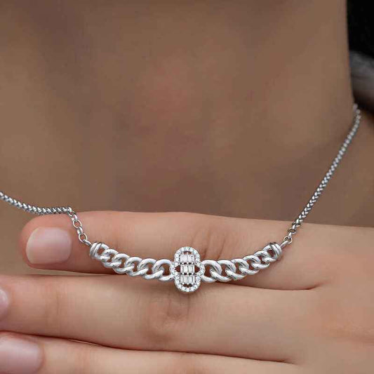 Gurmet Chain Fatma's Hand Baguette Stone Women's Silver Pendant