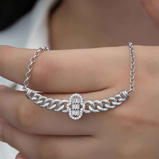 Gurmet Chain Fatma's Hand Baguette Stone Women's Silver Pendant