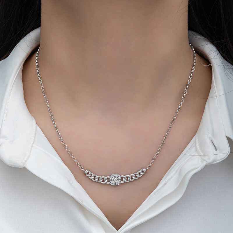 Square Baguette Stone Gourmet Chain Women's Silver Necklace