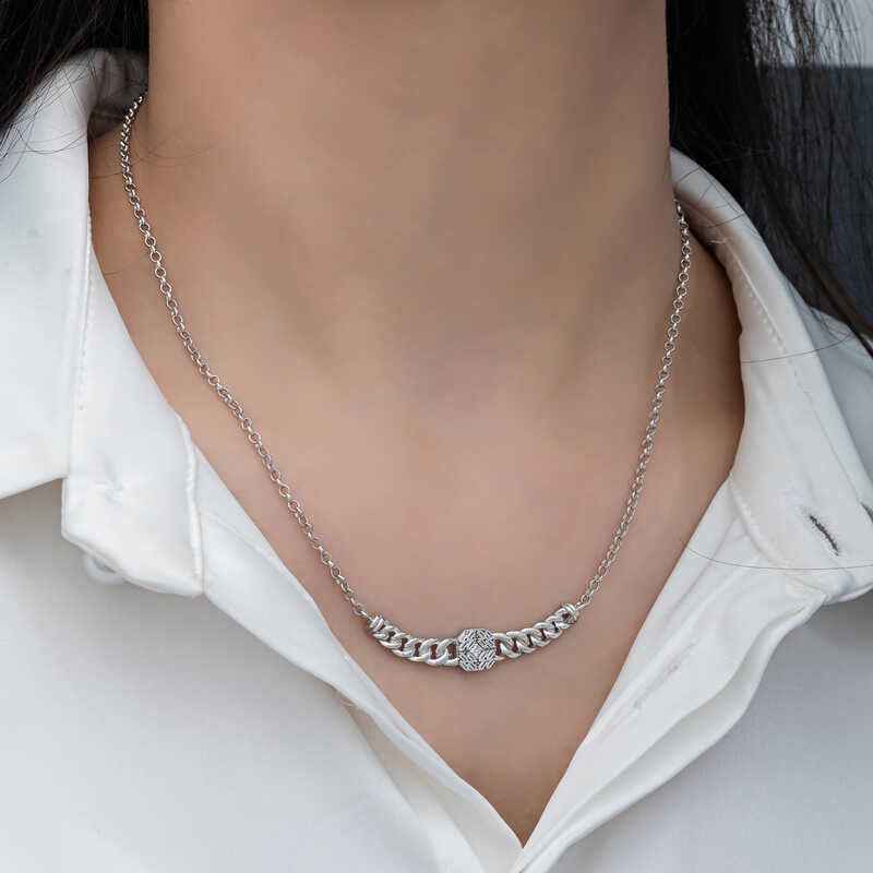 Square Baguette Stone Gourmet Chain Women's Silver Necklace