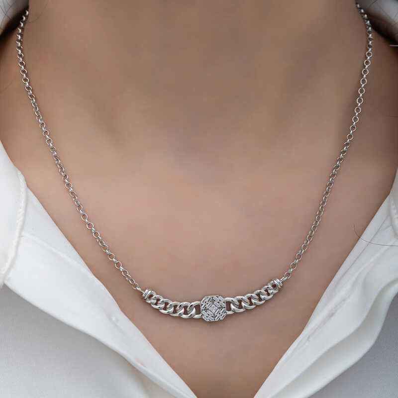 Square Baguette Stone Gourmet Chain Women's Silver Necklace