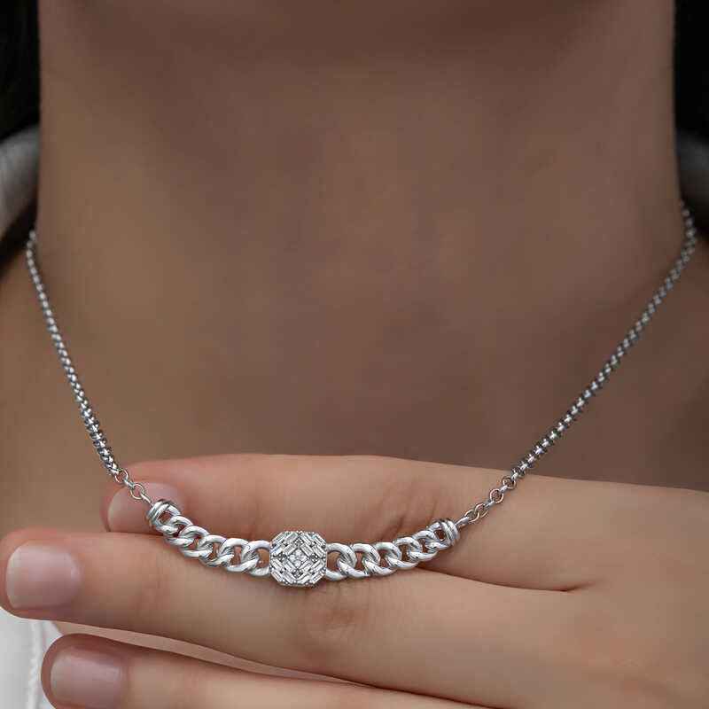 Square Baguette Stone Gourmet Chain Women's Silver Necklace