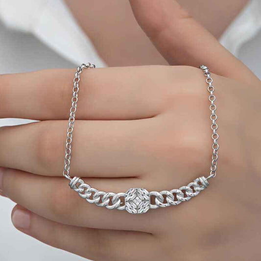Square Baguette Stone Gourmet Chain Women's Silver Necklace