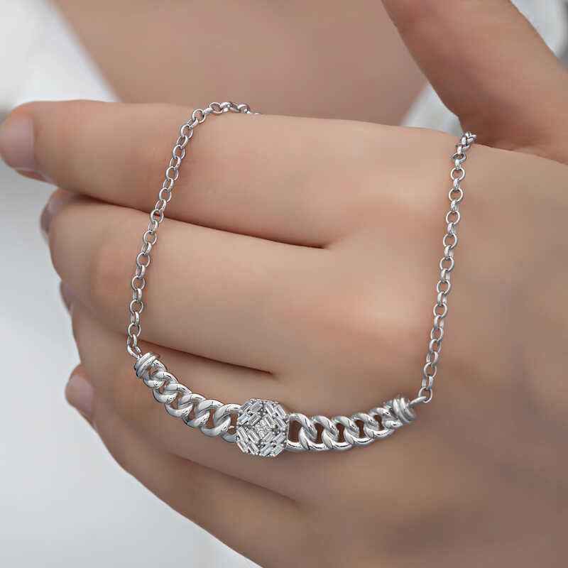 Square Baguette Stone Gourmet Chain Women's Silver Necklace