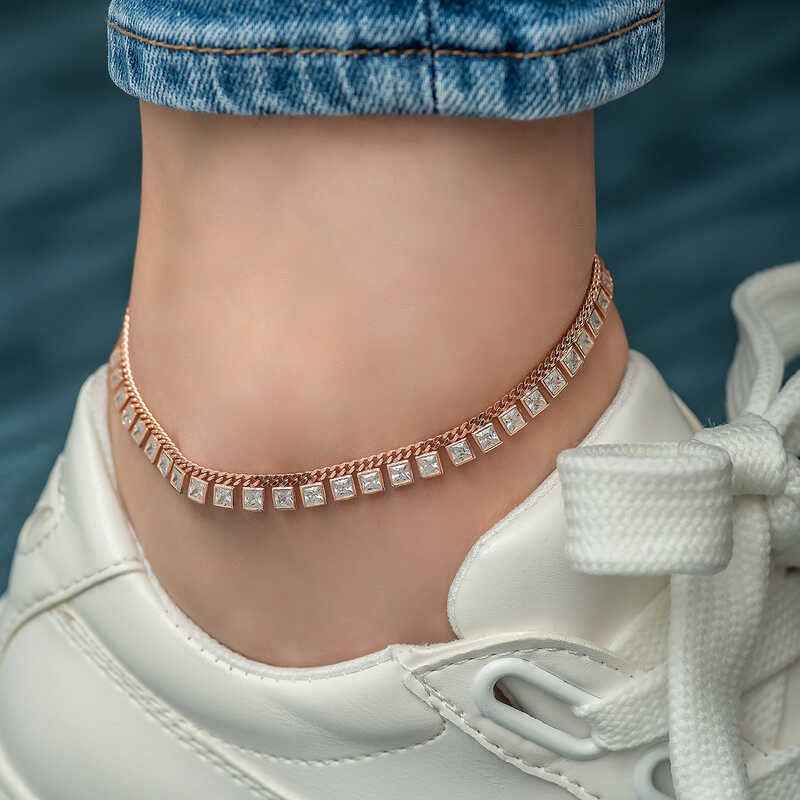 Zircon Stone Rose Plated Silver Anklet