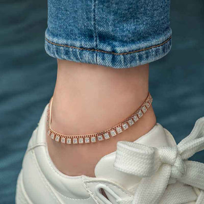 Zircon Stone Rose Plated Silver Anklet