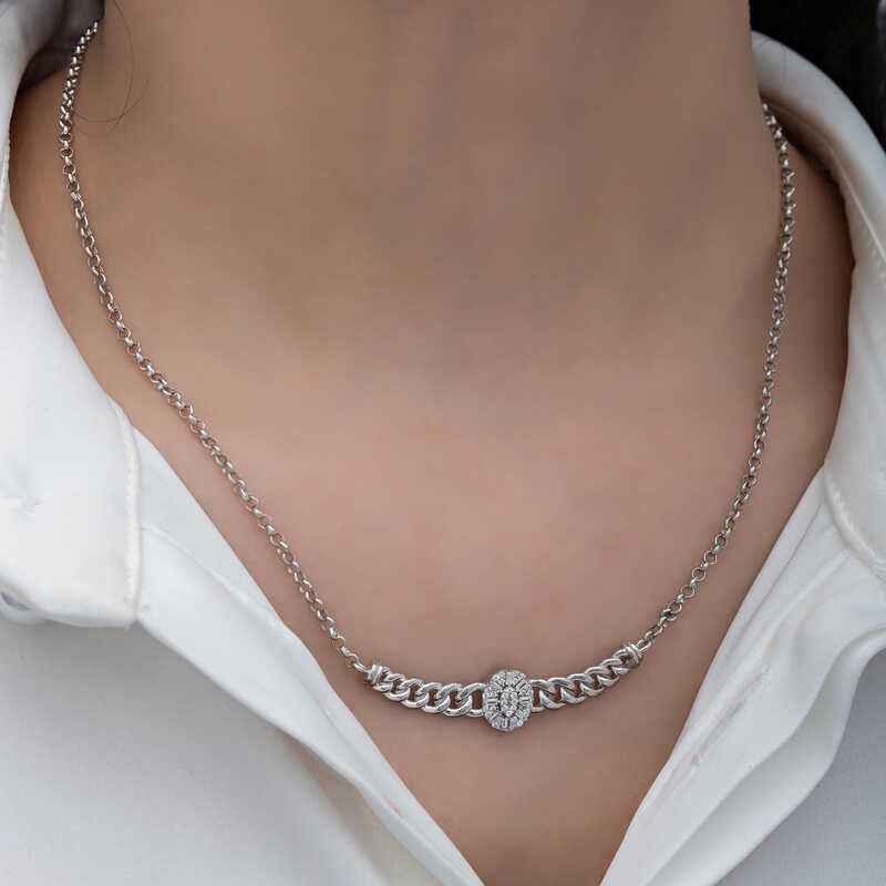 Oval Baguette Stone Gourmet Chain Women's Silver Necklace