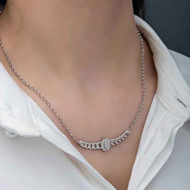 Oval Baguette Stone Gourmet Chain Women's Silver Necklace